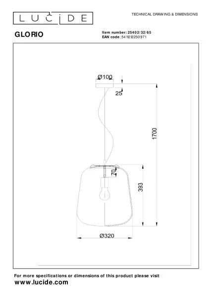 Lucide GLORIO - Hanglamp - Ø 32 cm - 1xE27 - Zwart - technisch